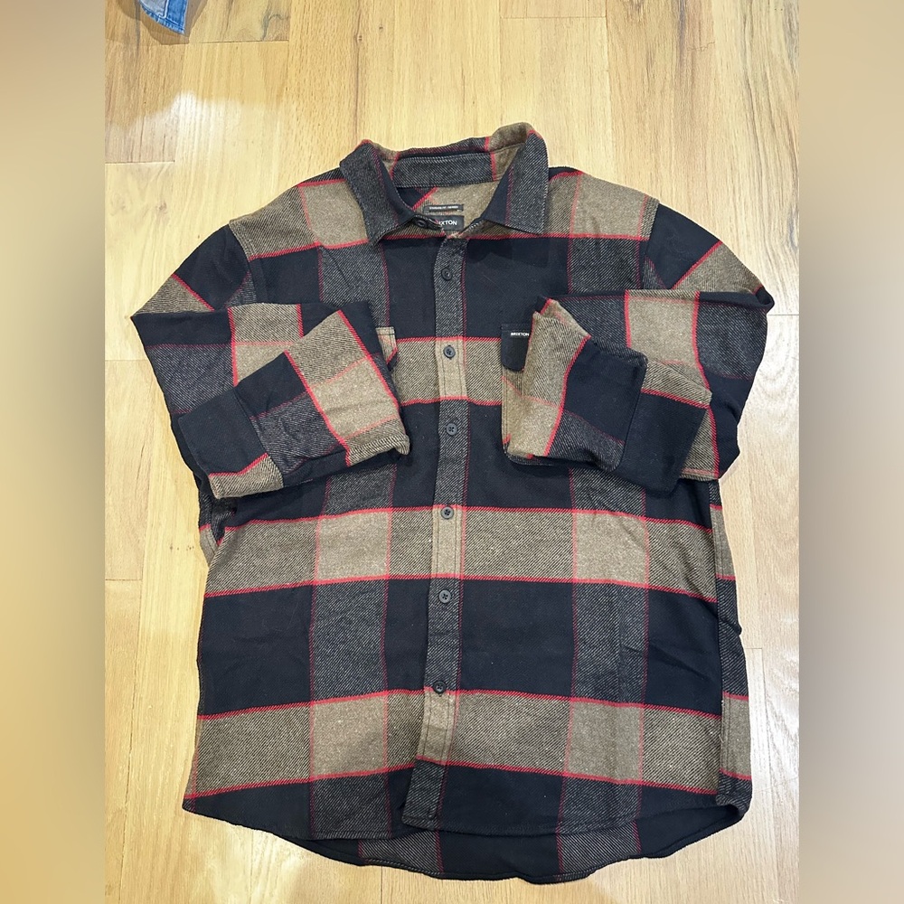 Brixton Black and Brown Plaid Shirt with Red Stripes